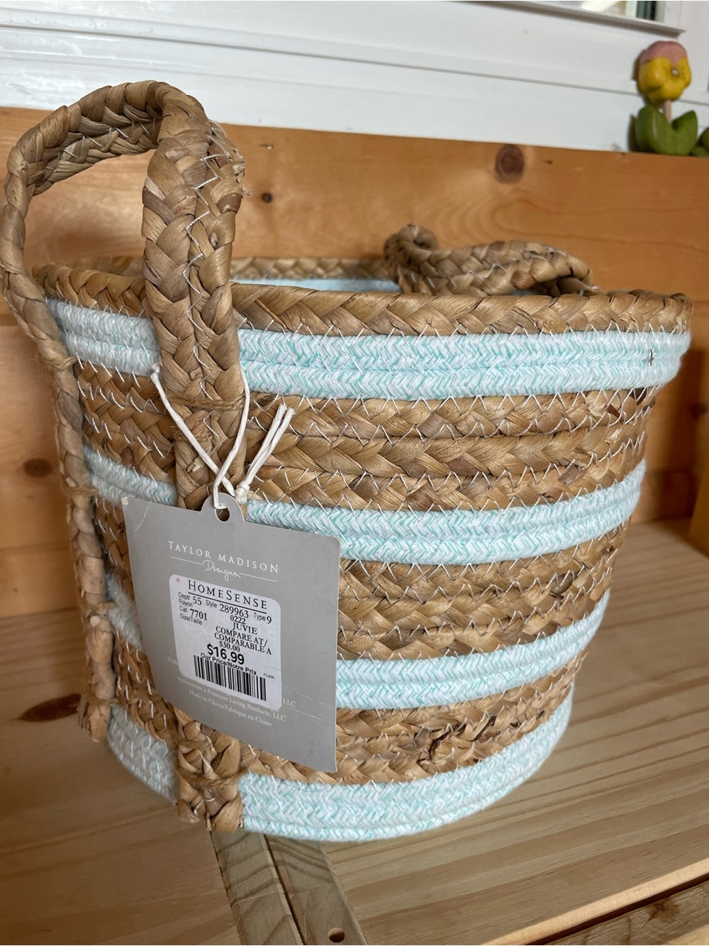 Woven Seagrass Basket with Light Blue Stripes
